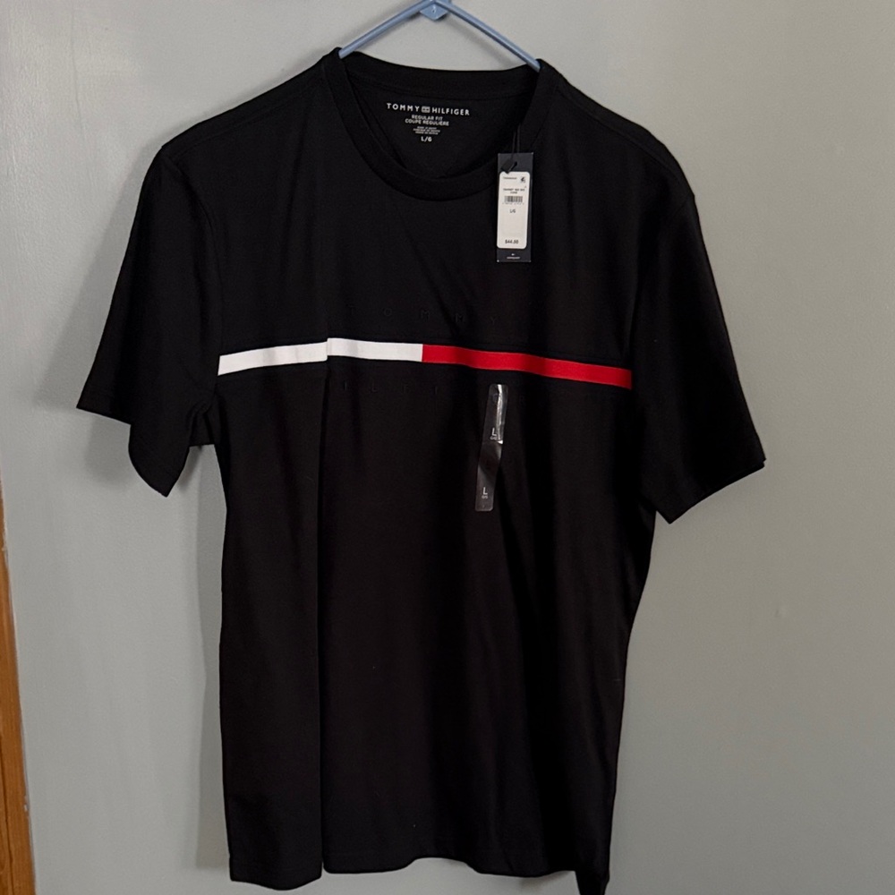Tommy Hilfiger Black Short-Sleeve Tee with White and Red Chest Stripe